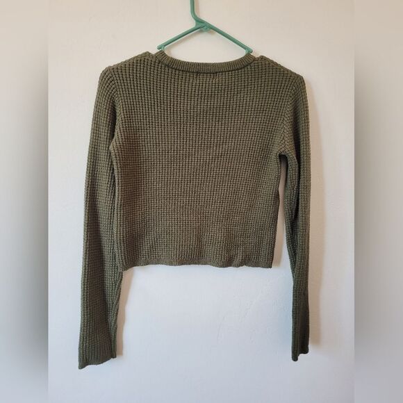 Poof Waffle Knit Pullover Shirt Thick Knit Olive Army Green Cropped Soft Girl M - Picture 9 of 9